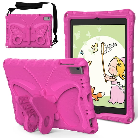 Dteck Kids Case for iPad 5th/6th Generation/iPad Air/Air 2/iPad Pro 9.7-inch,Cute Butterfly EVA Case Kickstand Lightweight Cover with Shoulder Strap,Rose