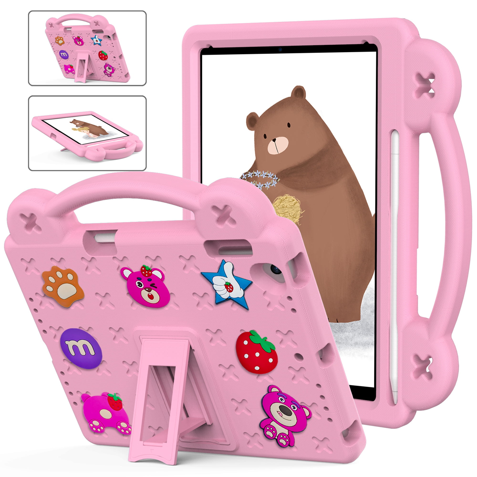 Dteck Kids Case for iPad 6th/5th Generation / iPad Air 2 / iPad Air 9.7 Inch, DIY Cute Cartoon Toys for Kids Child Proof Shockproof iPad 9.7 Case with Handle Stand Pencil Holder,Pink