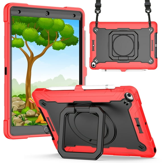 Dteck Kids Case for iPad 9th 8th 7th Generation 10.2 inch 2021 2020 2019,Shockproof Rubber Hybrid PC Hard Case with Shoulder Strap Handle Kickstand Kids Friendly Cover,Red+Black