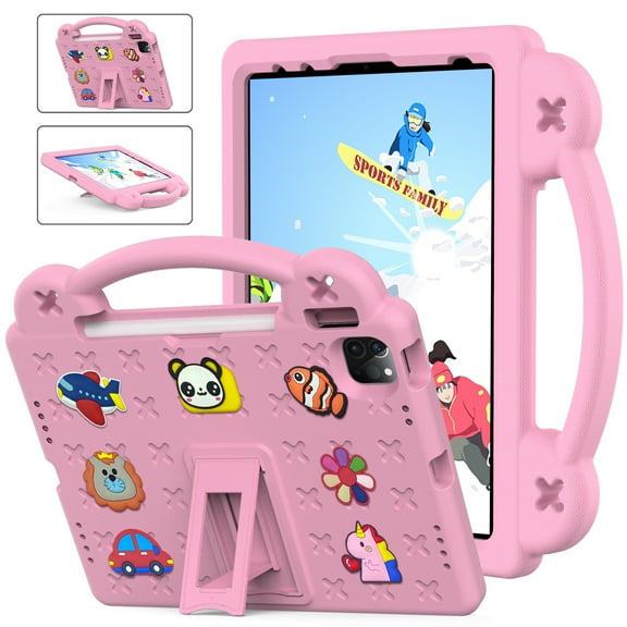 Dteck Kids Case for iPad Air 11 Inch 2024, iPad Air 5th / 4th Gen Case, iPad Pro 11 Case 2022/2021/2020/2018, Shockproof Handle Stand Kids-Friendly Case with DIY Accessories,Pink