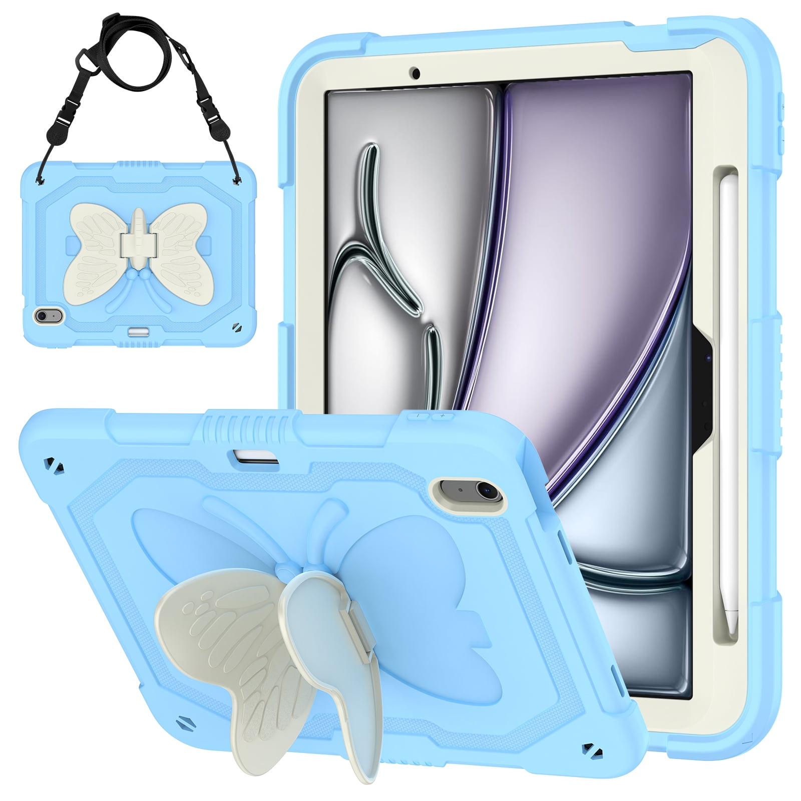 Dteck Kids Case for iPad Air 11 inch (M2) 2024,iPad Air 11 inch 2025 M3 Butterfly Kickstand Silicone Case Shockproof Armor Built-in Pencil Holder Kids Friendly Cover with Shoulder Strap,Blue + Beige