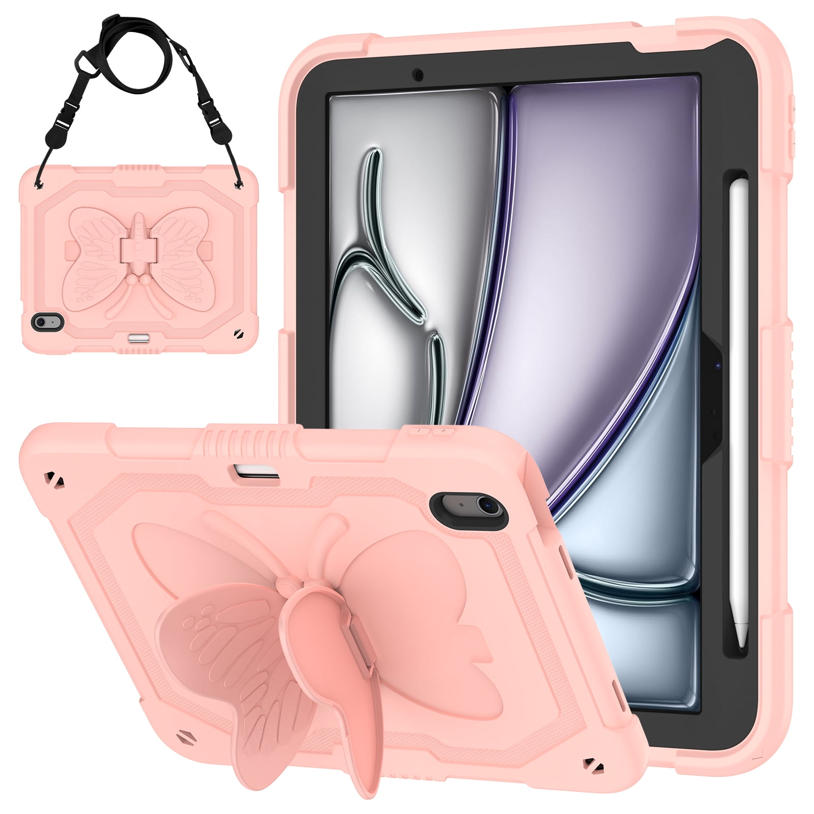 Dteck Kids Case for iPad Air 11 inch M2 2024,iPad Air 11 inch 2025 M3 Butterfly Kickstand Silicone Case Shockproof Armor Built-in Pencil Holder Kids Friendly Cover with Shoulder Strap,Pink