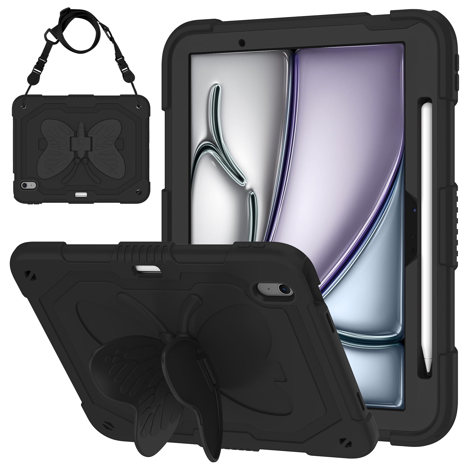 Dteck Kids Case for iPad Air 11 inch M2 2024,iPad Air 11 inch 2025 M3 Butterfly Kickstand Silicone Case Shockproof Armor Built-in Pencil Holder Kids Friendly Cover with Shoulder Strap,Black