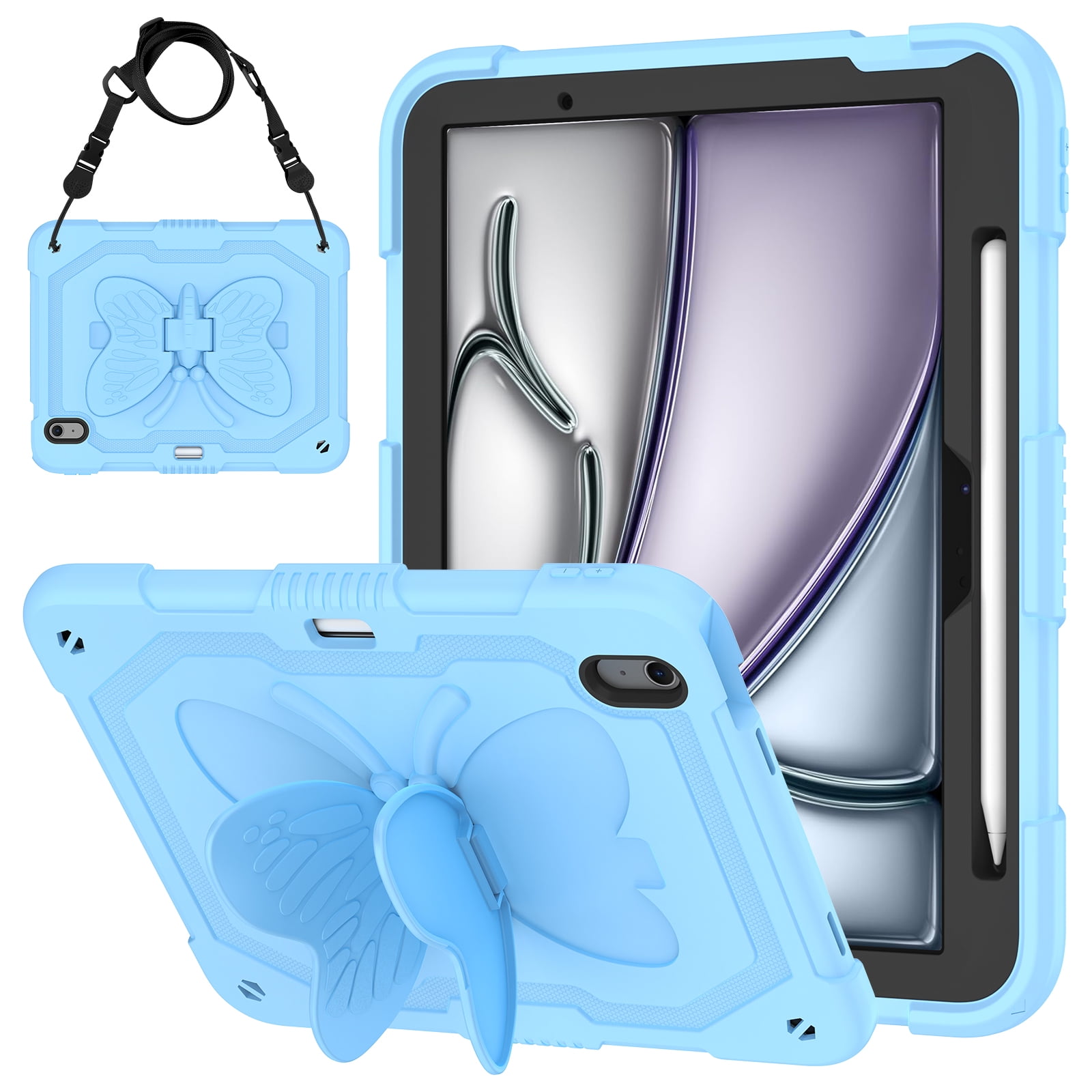 Dteck Kids Case for iPad Air 11 inch M2 2024,iPad Air 11 inch 2025 M3 Butterfly Kickstand Silicone Case Shockproof Armor Built-in Pencil Holder Kids Friendly Cover with Shoulder Strap,Blue