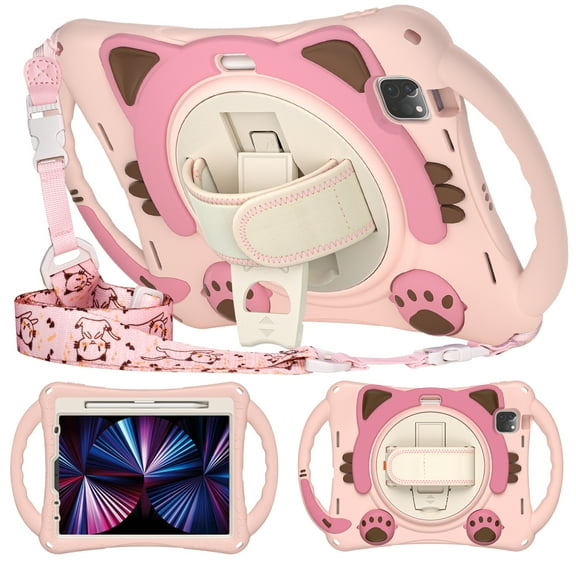 Dteck Kids Case for iPad Pro 11 inch 4th/3rd/2nd Gen,iPad Air 5th/4th Gen 10.9" Silicone Shockproof Boy Girl Cover with Pencil Holder Handle Grip Hand Strap Kickstand Shoulder Strap,Pink