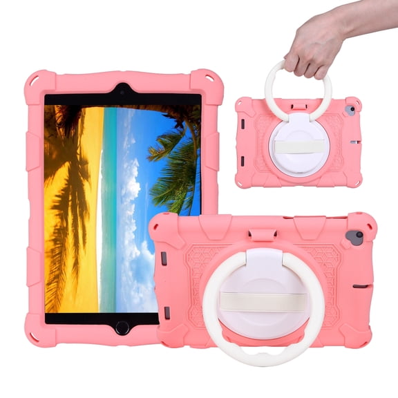 Dteck Kids Case for iPad mini 1/mini 2/mini 3/mini 4/mini 5 7.9 inch,Shockproof Silicone Case 360 Degree rotating Kickstand Cover with Shoulder Strap,Pink