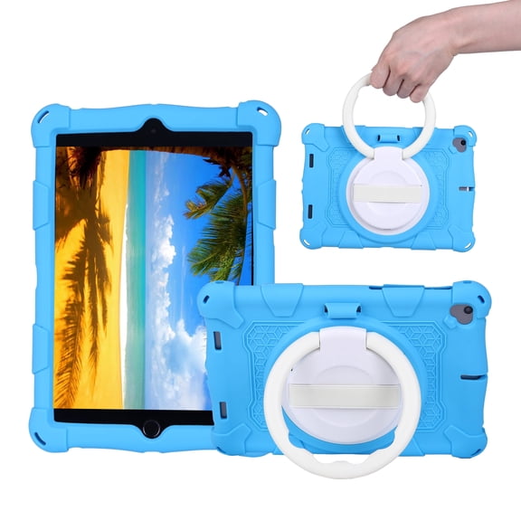 Dteck Kids Case for iPad mini 1/mini 2/mini 3/mini 4/mini 5 7.9 inch,Shockproof Silicone Case 360 Degree rotating Kickstand Cover with Shoulder Strap,Skyblue