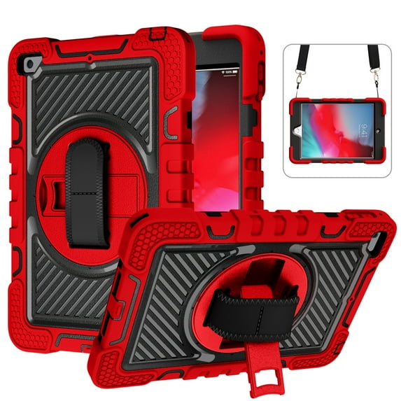Dteck Kids Case for iPad mini 5/4 Case 7.9", iPad mini 5 Case, iPad mini 4 Case, 360 Rotating Hand Strap Stand Shoulder Strap Heavy Duty Drop Protection Rugged Case, Red