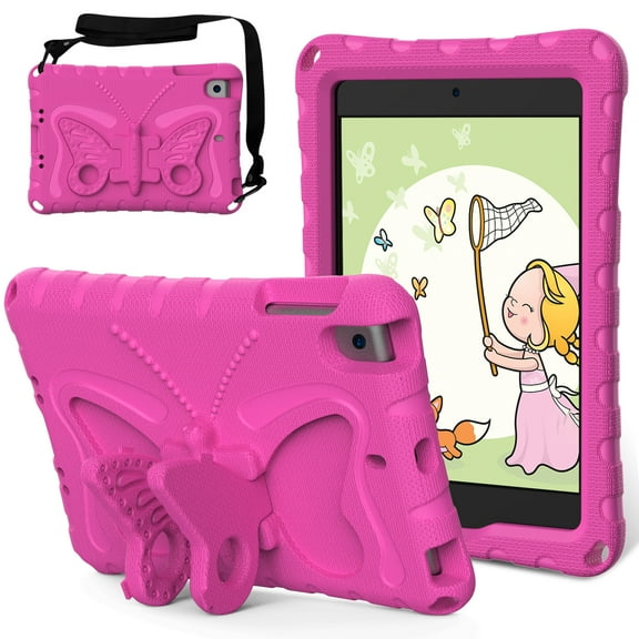 Dteck Kids Case for iPad mini 5/mini 4/mini 3/mini 2/mini 1 7.9-inch,Cute Butterfly EVA Case Kickstand Lightweight Cover with Shoulder Strap for iPad mini 2019/2015/2014/2013/2012,Rose