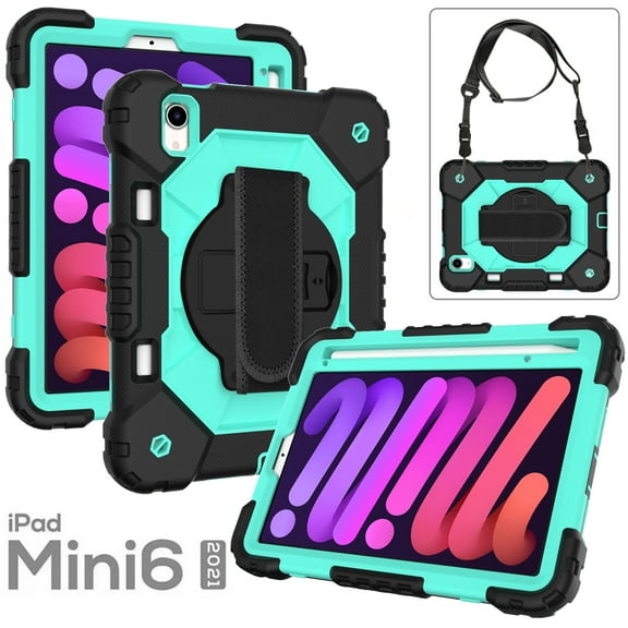 Dteck Kids Case for iPad mini 6 8.3 inch with Pencil Holder, Rotating Hand Strap Kickstand Shockproof Protective iPad mini 6th Gen Cover with Shoulder Strap, Black+Mint