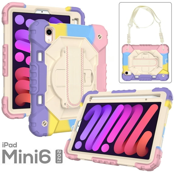 Dteck Kids Case for iPad mini 6 8.3 inch with Pencil Holder, Rotating Hand Strap Kickstand Shockproof Protective iPad mini 6th Gen Cover with Shoulder Strap, Colorful Pink