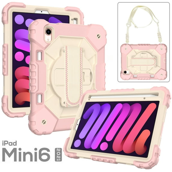 Dteck Kids Case for iPad mini 6 8.3 inch with Pencil Holder, Rotating Hand Strap Kickstand Shockproof Protective iPad mini 6th Gen Cover with Shoulder Strap, Rosegold+Beige