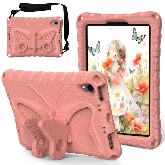 Dteck Kids Case for iPad mini A17 Pro 2024,iPad mini 6th Generation 8.3-inch 2021,Cute Butterfly EVA Case Kickstand Lightweight Cover with Shoulder Strap for iPad mini 7/mini 6,Lightpink