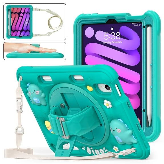 Dteck Kids Case for iPad mini 7 (A17 Pro) 2024 & iPad mini 6 (A15) 2021, Crossbody Shoulder Strap Shockproof EVA Foam Rugged Cute Cartoon Cover+Swivel Stand+Handle Strap+Pen Holder, Green