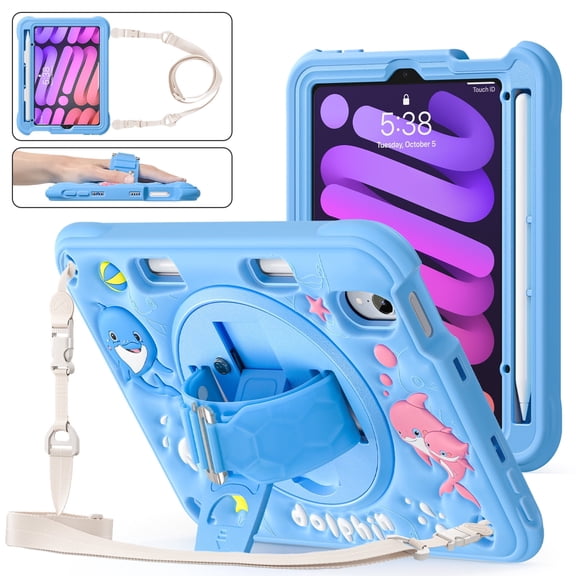Dteck Kids Case for iPad mini 7 (A17 Pro) 2024 & iPad mini 6 (A15) 2021, Crossbody Shoulder Strap Shockproof EVA Foam Rugged Cute Cartoon Cover+Swivel Stand+Handle Strap+Pen Holder, Blue