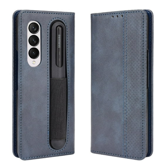 Dteck Leather Case for Samsung Galaxy Z Fold 4 PU Leather Pattern Stylish Case with Pen Slot Business Style Men Women Case For Samsung Galaxy Z Fold 4,Blue
