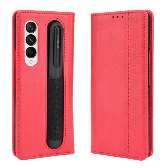Dteck Leather Case for Samsung Galaxy Z Fold 4 PU Leather Pattern Stylish Case with Pen Slot Business Style Men Women Case For Samsung Galaxy Z Fold 4,Red