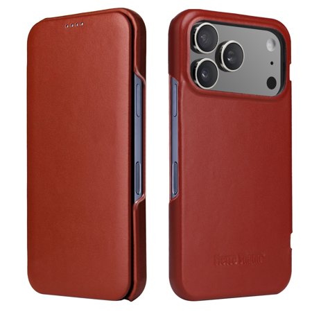 Dteck Leather Case for iPhone 18 Pro Max, Top Grain Genuine Leather Folio Protective Phone Cover,Brown