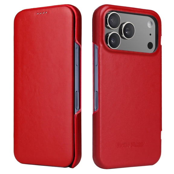Dteck Leather Case for iPhone 18 Pro, Top Grain Genuine Leather Folio Protective Phone Cover,Red