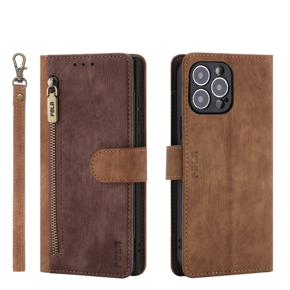 Dteck Leather Wallet Case with Hand Strap for iPhone 11 Pro 5.8 Inch, Zipper Card Slot Long Pocket Soft TPU Shockproof Magnetic Buckle Case Cover for iPhone 11 Pro,Brown