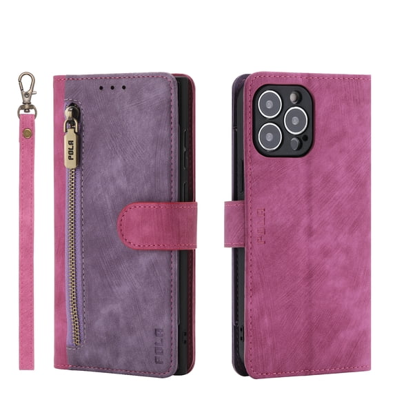 Dteck Leather Wallet Case with Hand Strap for iPhone 11 Pro 5.8 Inch, Zipper Card Slot Long Pocket Soft TPU Shockproof Magnetic Buckle Case Cover for iPhone 11 Pro,Rose