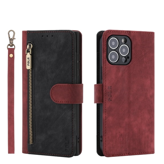 Dteck Leather Wallet Case with Hand Strap for iPhone 11 Pro 5.8 Inch, Zipper Card Slot Long Pocket Soft TPU Shockproof Magnetic Buckle Case Cover for iPhone 11 Pro,Red