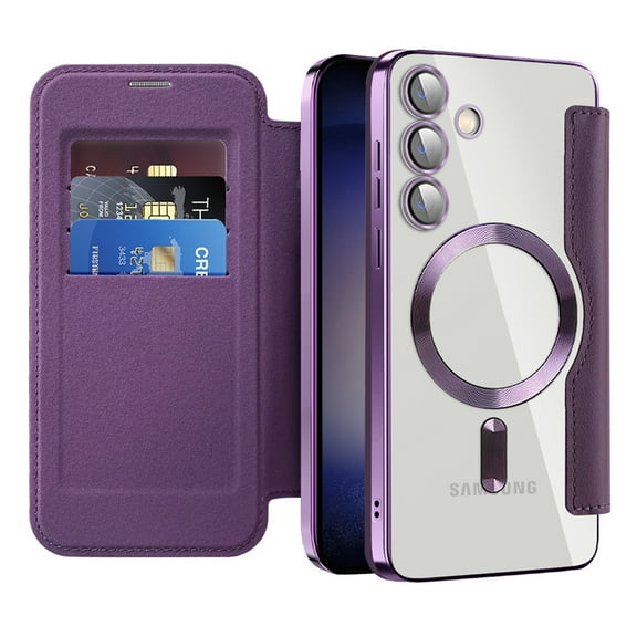 Dteck Leather Wallet Case for Samsung Galaxy S25 Plus with Card Holder RFID Blocking Compatible with Magsafe TPU Transparent Back Shockproof Protective Phone Case for Samsung Galaxy S25 Plus,Purple