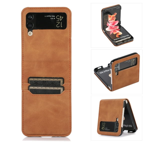 Dteck Leather Wallet Case for Samsung Galaxy Z Flip 3 with Card Slots Card Holders Shockproof Protective Folding Case For Samsung Galaxy Z Flip 3,Brown
