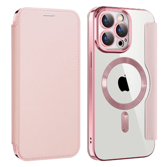 Dteck Leather Wallet Case for iPhone 15 Pro Max with Card Holder RFID Blocking Compatible with Magsafe TPU Transparent Back Shockproof Protective Phone Case for iPhone 15 Pro Max,Pink