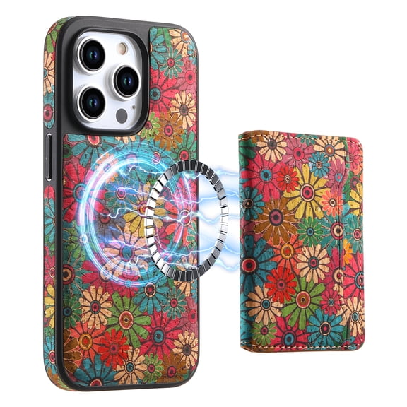 Dteck Leather Wallet Case for iPhone 15 Pro Max Case with Card Holder 2 in 1 Detachable Back Cover, iPhone 15 Pro Max Magnetic Case Compatible with MagSafe,Green (Floral)