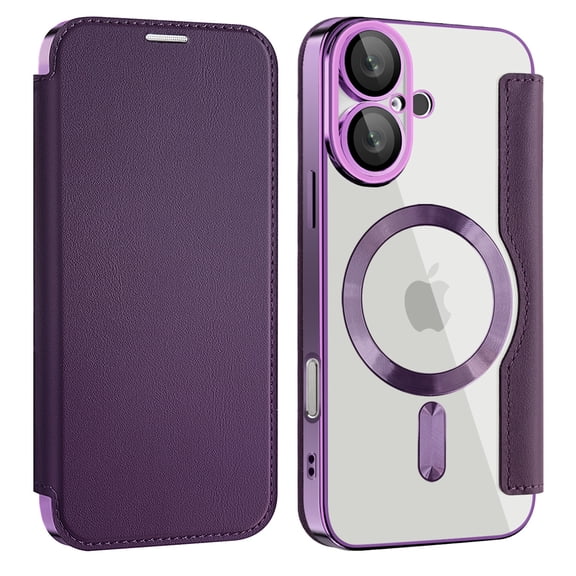 Dteck Leather Wallet Case for iPhone 16 with Card Holder RFID Blocking Compatible with Magsafe TPU Transparent Back Shockproof Protective Phone Case for iPhone 16,Purple