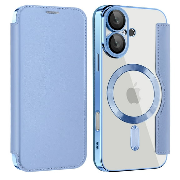 Dteck Leather Wallet Case for iPhone 16 Plus with Card Holder RFID Blocking Compatible with Magsafe TPU Transparent Back Shockproof Protective Phone Case for iPhone 16 Plus,Blue