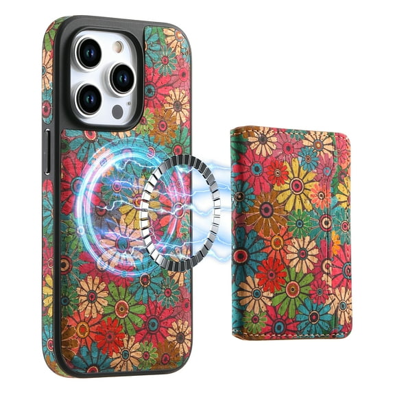 Dteck Leather Wallet Case for iPhone 16 Pro Max Case with Card Holder 2 in 1 Detachable Back Cover, iPhone 16 Pro Max Magnetic Case Compatible with MagSafe,Green (Floral)