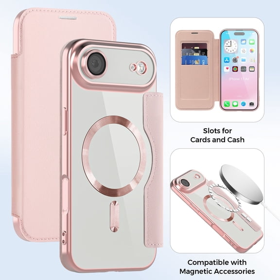Dteck Leather Wallet Case for iPhone Air with Card Holder RFID Blocking Compatible with Magsafe TPU Transparent Back Shockproof Protective Phone Case for iPhone Air,Pink