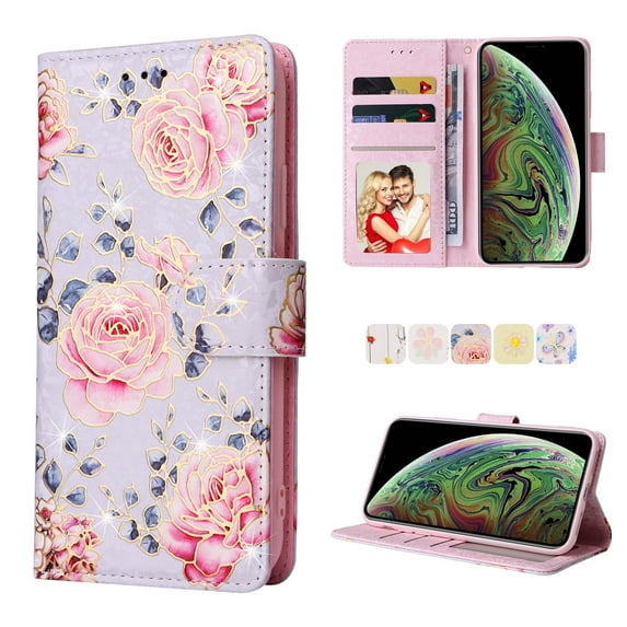 Dteck Leather Wallet Case for iPhone XS Max Stylish Flower Floral Butterfly Pattern,Kickstand Card Slots Handstrap Folding Shockproof Durable Case for Girls Women For iPhone XS Max,A
