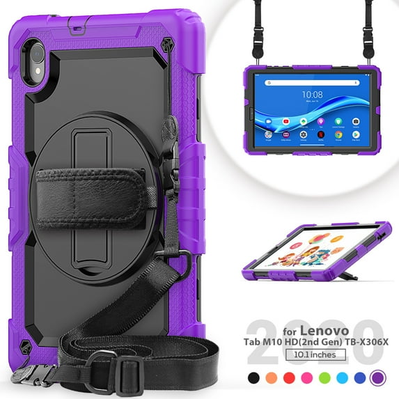 Dteck Lenovo Tab M10 HD (2nd Gen) 10.1 Inch 2020 Case TB-X306F/TB-X306X 10.1" Case with Built-in Screen Protector, Shockproof Rotatable Kickstand Cover Hand Strap and Shoulder Strap,Purple+Black
