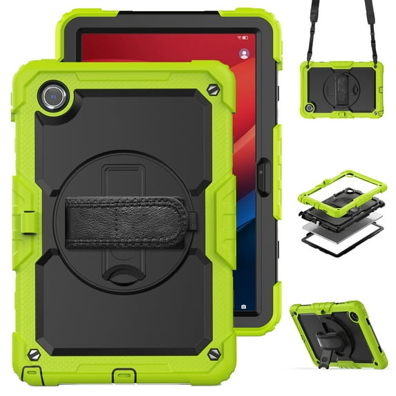 Dteck for Lenovo Tab M11 11-inch 2024 Case with Built-in Screen Protector, Shockproof Case with Shoulder Strap & Rotating Hand Strap Kickstand for Lenovo M11 (TB330FU / TB330XU) Tablet,Green + Black