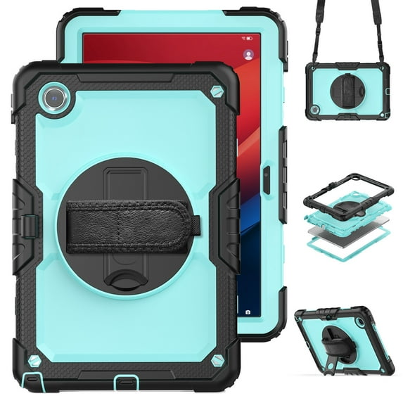 Dteck for Lenovo Tab M11 11-inch 2024 Case with Built-in Screen Protector, Shockproof Case with Shoulder Strap & Rotating Hand Strap Kickstand for Lenovo M11 (TB330FU / TB330XU) Tablet,Black + Mint