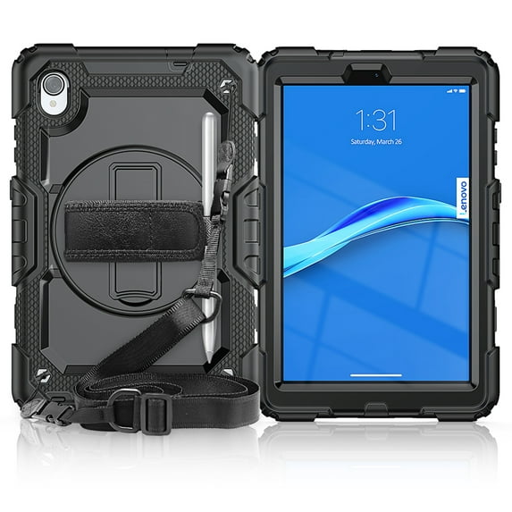 Dteck for Lenovo Tab M8 3rd Gen 2022 Tablet Case with Built in Screen Protector, Heavy Duty Rugged Cover with Rotating Stand Hand / Shoulder Strap for Lenovo Tab M8 (TB-8505F/8505X),Black
