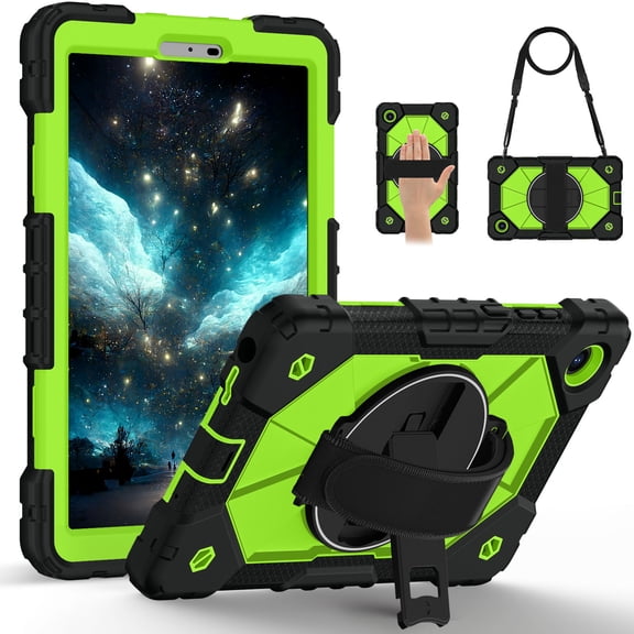 Dteck For Lenovo Tab One 8.7" K9 TB305FU 2025 Tablet Case with Kickstand & Shoulder Strap, Heavy Duty Shockproof Full-Body Protective Cover for Kids and Adults, Rugged Stand Case, Black+Grass Green