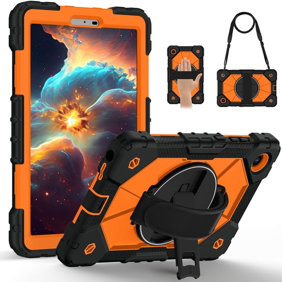Dteck For Lenovo Tab One 8.7" K9 TB305FU 2025 Tablet Case with Kickstand & Shoulder Strap, Heavy Duty Shockproof Full-Body Protective Cover for Kids and Adults, Rugged Stand Case, Black+Orange