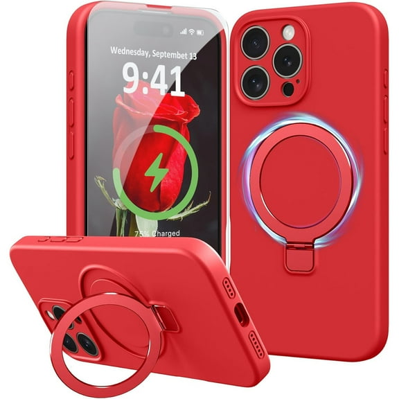 Dteck Liquid Silicone Case for iPhone 16 Pro, Fit for MagSafe, Magnetic Ring Kickstand Slim Phone Case with Tempered Glass Screen Protector Full Camera Protection,Red