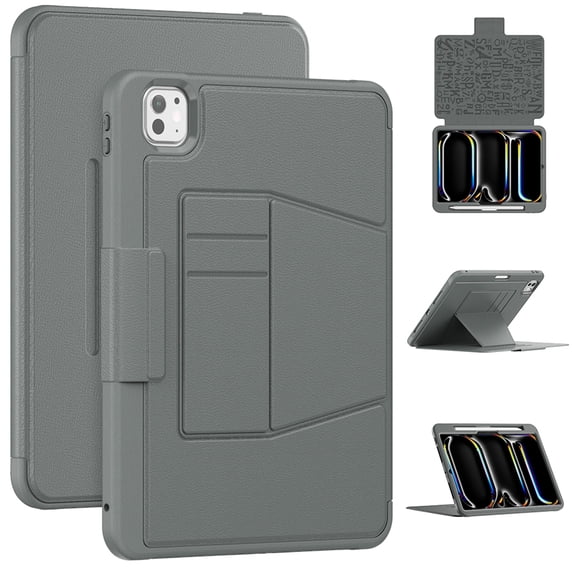 Dteck Luxury Business Case for iPad Pro 11 inch (M4) 2024,Mangetic Leathe Card Slots Smart Case Built-in Pencil Holder Shockproof TPU 7 Viewing Angles Stand Folio Cover,Gray