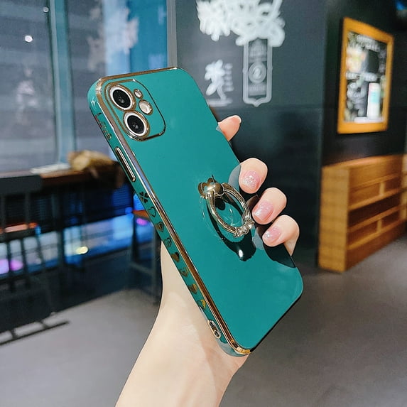 Dteck Luxury Case for iPhone 11 Pro Max Plating Case with Love Heart Pattern Finger Ring Holder Soft Shockproof Case For iPhone 11 Pro Max,Darkgreen