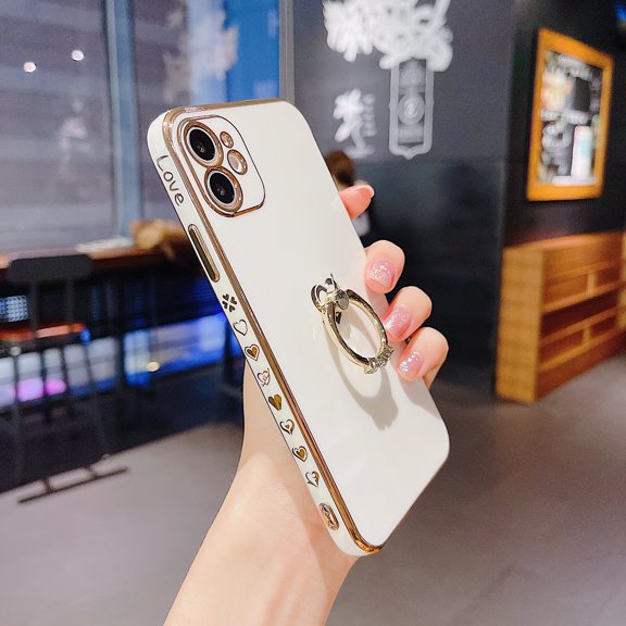 Dteck Luxury Case for iPhone 11 Pro Max Plating Case with Love Heart Pattern Finger Ring Holder Soft Shockproof Case For iPhone 11 Pro Max,White