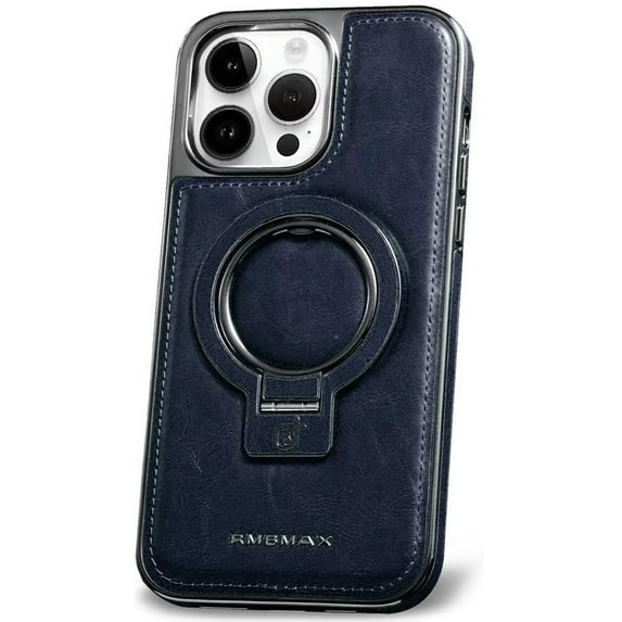 Dteck Luxury Leather Invisible Stand Case for iPhone 14,Shockproof Premium Leather Case Magnetic Ring Stand Mag Safe Cover for iPhone 14,Blue