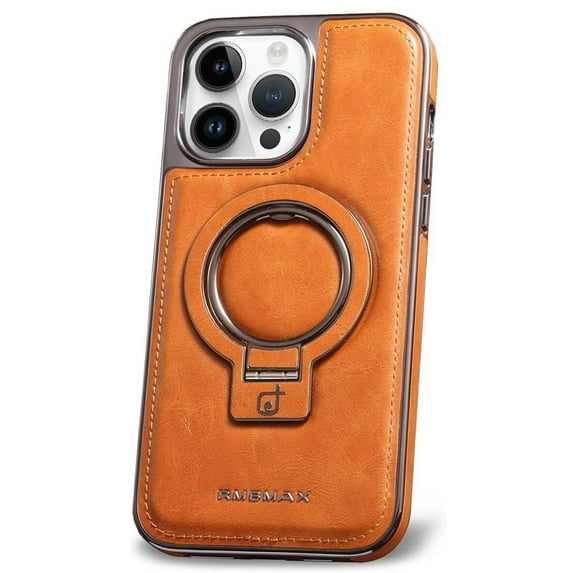 Dteck Luxury Leather Invisible Stand Case for iPhone 14,Shockproof Premium Leather Case Magnetic Ring Stand Mag Safe Cover for iPhone 14,Brown