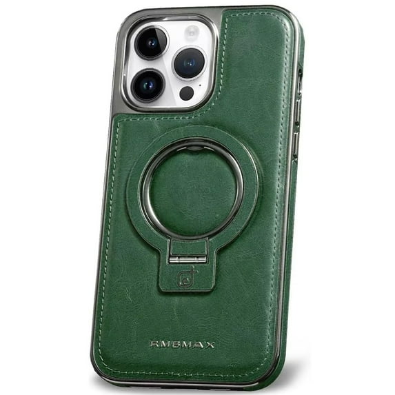 Dteck Luxury Leather Invisible Stand Case for iPhone 14 Pro,Shockproof Premium Leather Case Magnetic Ring Stand Mag Safe Cover for iPhone 14 Pro,Green