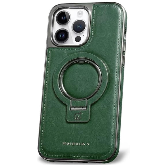 Dteck Luxury Leather Invisible Stand Case for iPhone 15 Pro Max,Shockproof Premium Leather Case Magnetic Ring Stand Mag Safe Cover for iPhone 15 Pro Max,Green