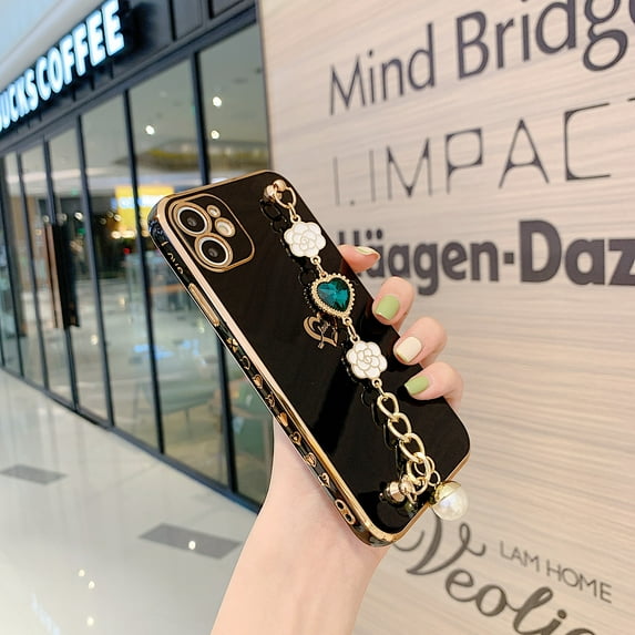 Dteck Luxury Plating Soft TPU Case with Love Heart Gemstone Chain Bracelet Strap Shiny Cute Protective Cover for Women Grils For iPhone 12 Pro Max,Black